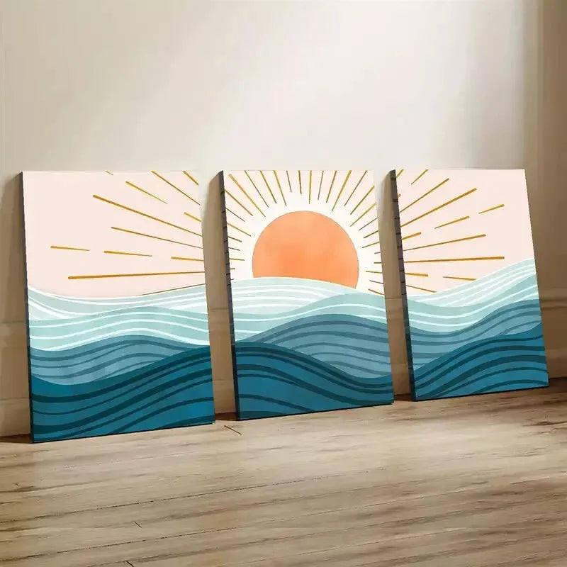 3pcs Sun and Sea Waves Wall Art Set Canvas Framed 50x70cm - High Quality Print 100% Australian Made Wall Canvas Ready to Hang - Bella Home Decor