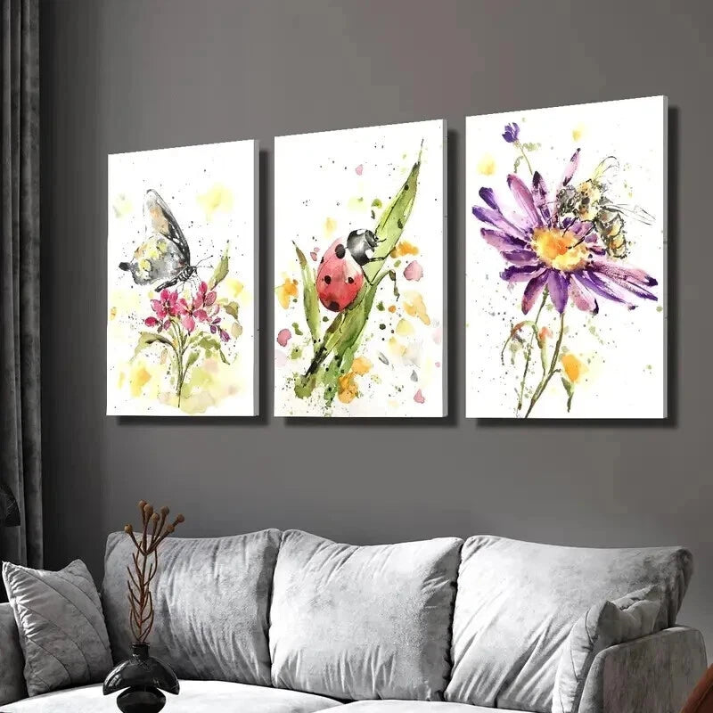 3pcs Flowers & Butterfly Ladybug Bee Wall Art Set Canvas Framed 40x60c