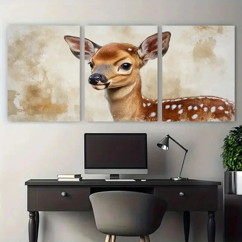 3pcs Young Baby Deer Fawn Illustration Wall Art Set Canvas Framed 60x90cm - High Quality Print 100% Australian Made Wall Canvas Ready to Hang