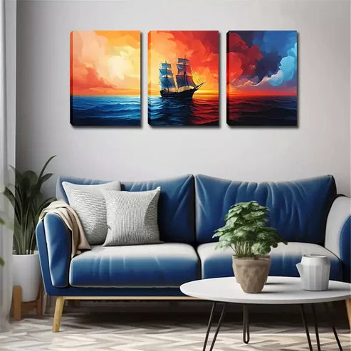 3pcs A Sailboat Sailing On The Sea Wall Art Canvas Unframed - High Quality Print 100% Australian Made Wall Canvas