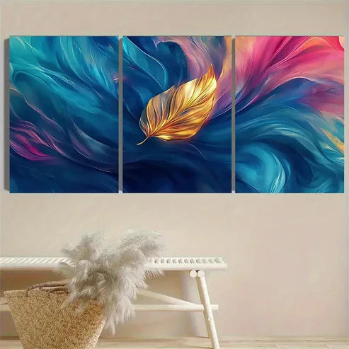 3pcs Golden Leaf on Blue Watercolor all Art Set Canvas Unframed - High Quality Print 100% Australian Made Wall Canvas - Bella Home Decor