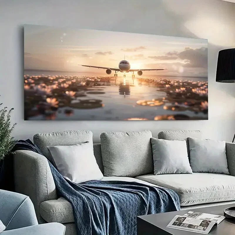 Sunset Over Lake Airplane wall canvas office home room framed 120x60cm
