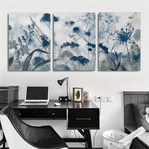 3pcs Blue Grey Flower Leaf Canvas Framed 60x90cm - High Quality Print 100% Australian Made Wall Canvas Ready to Hang