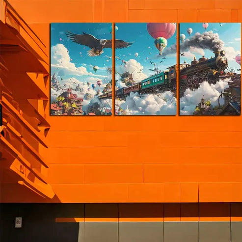 3pcs Charming Flying Train Canvas Framed 60x90cm - High Quality Print 100% Australian Made Wall Canvas Ready to Hang