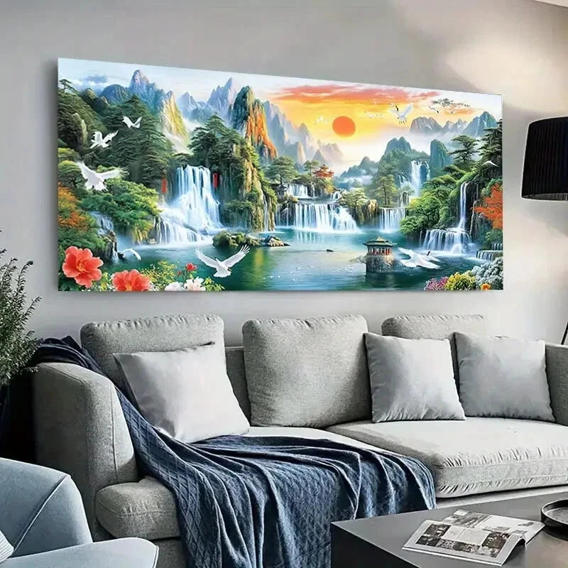 Vibrant Mountain Waterfall wall canvas office home room framed 120x60cm - Bella Home Decor