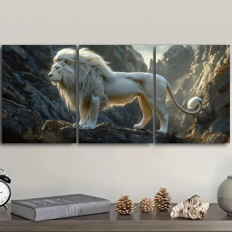 3pcs Majestic White Lion Hangable Designs Wall Art Set Canvas Framed 40x60cm - High Quality Print 100% Australian Made Wall Canvas Ready to Hang