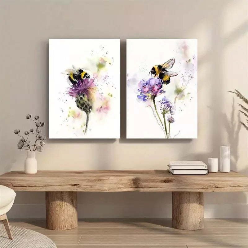 2pcs Set, Bumblebee on Wildflowers Framed 50x75cm - High Quality Print 100% Australian Made Wall Canvas Ready to Hang