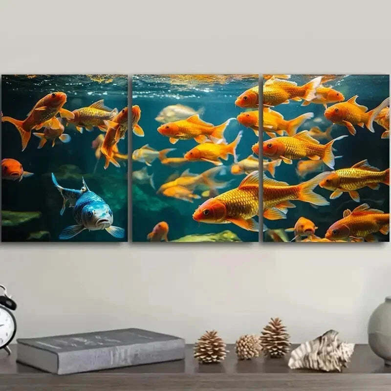 3pcs Featuring Goldfish in an Aquarium Wall Art Set Canvas Framed 50x70cm - High Quality Print 100% Australian Made Wall Canvas Ready to Hang
