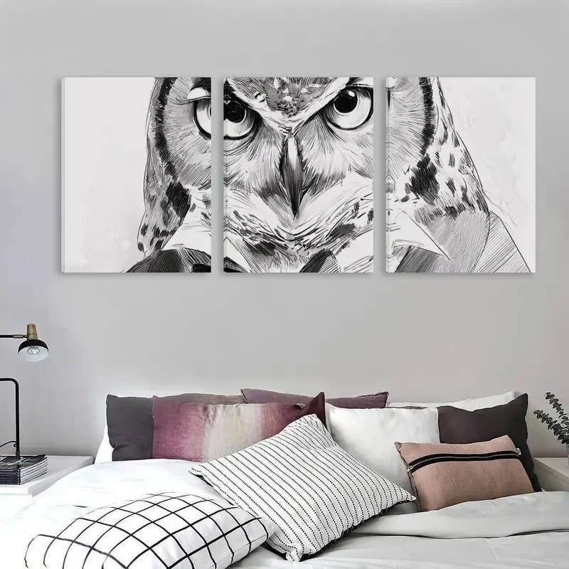3pcs Black and White Owl Design Wall Art Set Canvas Framed 60x90cm - High Quality Print 100% Australian Made Wall Canvas Ready to Hang
