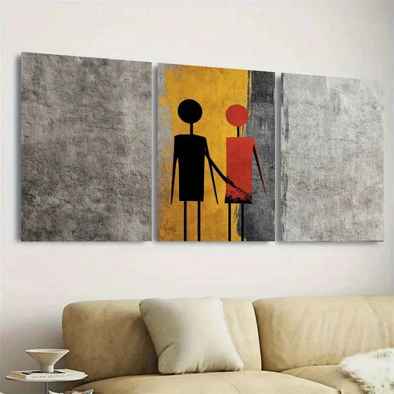 3pcs Stick Figures Tee Minimalist Wall Art Set Canvas Framed 50x70cm - High Quality Print 100% Australian Made Wall Canvas Ready to Hang