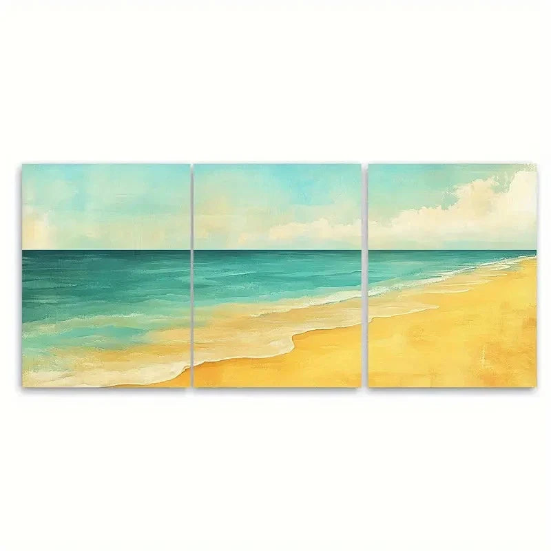 3pcs Muted Turquoise and Naples Yellow Beach Wall Art Set Canvas Framed 50x70cm - High Quality Print 100% Australian Made Wall Canvas Ready to Hang
