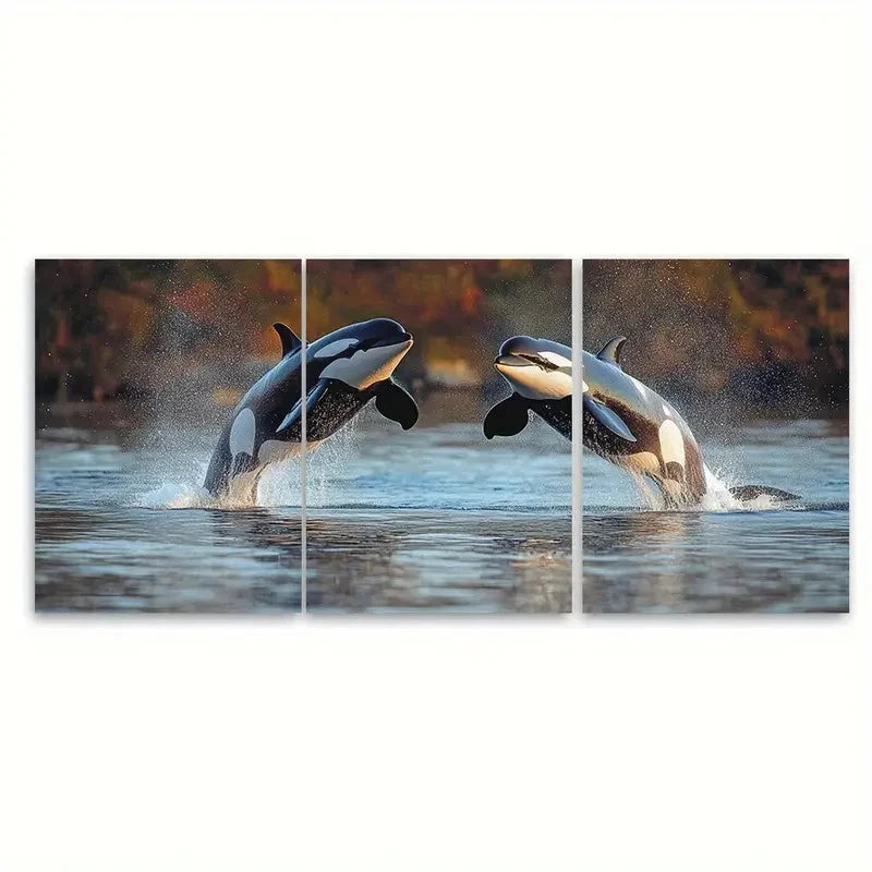 3pcs Orca Leaping Killer Whales in Ocean Sea Wall Art Set Canvas Framed 60x90cm - High Quality Print 100% Australian Made Wall Canvas Ready to Hang