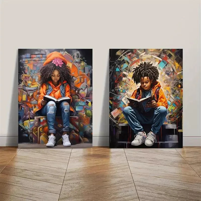 2pcs African Children Book Theme Painting Framed 50x75cm - High Quality Print 100% Australian Made Wall Canvas Ready to Hang