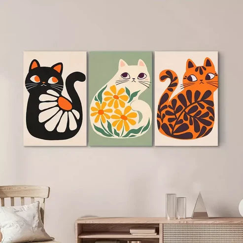 3pcs Boho Wall Art Cute Cats Artwork Plant Canvas Framed 60x90cm - High Quality Print 100% Australian Made Wall Canvas Ready to Hang