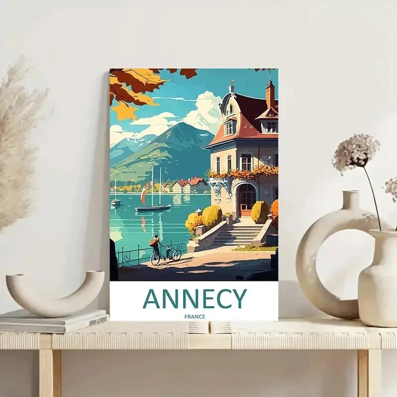 Annecy France Lake Houses & Mountains Alps Travel Poster Print Wall Art