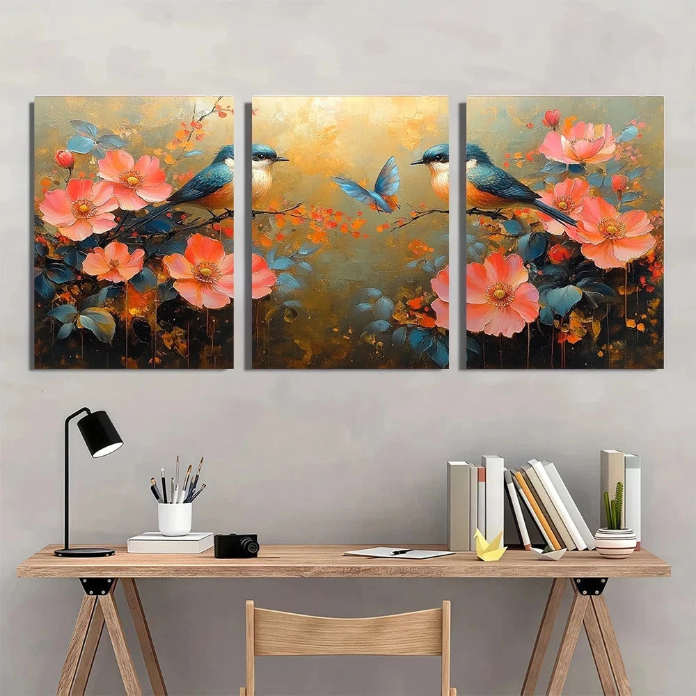 3pcs Beautiful Painting of Flowers And Birds Wall Art Set Canvas Framed 60x90cm - High Quality Print 100% Australian Made Wall Canvas Ready to Hang