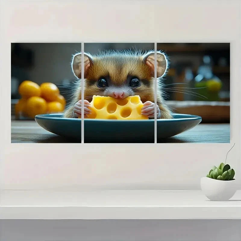 3pcs Angry Possum Hoarding Cheese Metal Print Ready to Hang Art