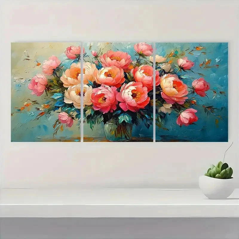 3pcs Peony Painting Floral Roses Bouquet PF Wall Art Set Canvas Framed 60x90cm - High Quality Print 100% Australian Made Wall Canvas Ready to Hang