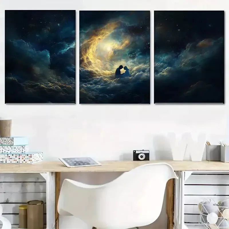 3pcs Romantic Lovers Clouds Dreamy Starry Night Art Set Canvas Framed 50x70cm - High Quality Print 100% Australian Made Wall Canvas Ready to Hang