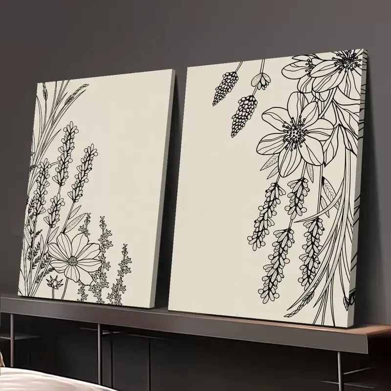 2pcs lack Abstract Line Plant & Flower, Minimalist Art Canvas Framed 50x75cm - High Quality Print 100% Australian Made Wall Canvas Ready to Hang