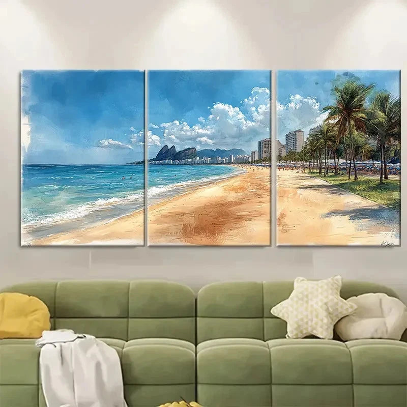 3pcs Sketch Style Copacabana Beach Metal Print Ready to Hang Art