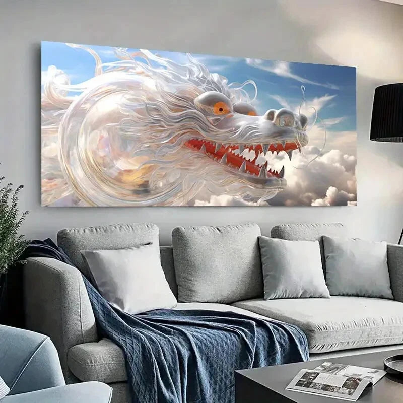White Dragon Cloudy Sky wall canvas office home room framed 120x60cm - Bella Home Decor