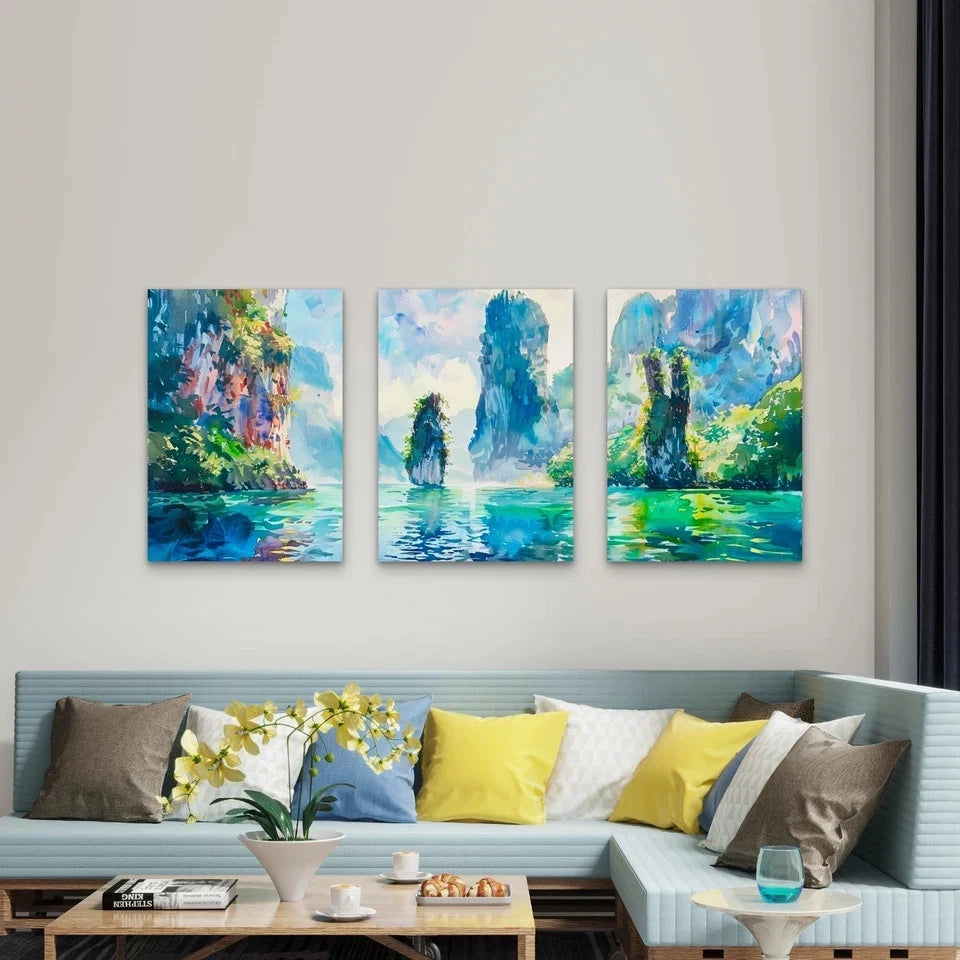 3pcs Vibrant Tropical Limestone Islands Wall Art Set Canvas Framed 60x90cm - High Quality Print 100% Australian Made Wall Canvas Ready to Hang