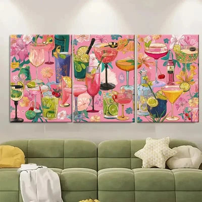 3pcs Retro Cocktail Bar Cart Pink Drink Wall Art Set Canvas Framed 60x90cm - High Quality Print 100% Australian Made Wall Canvas Ready to Hang