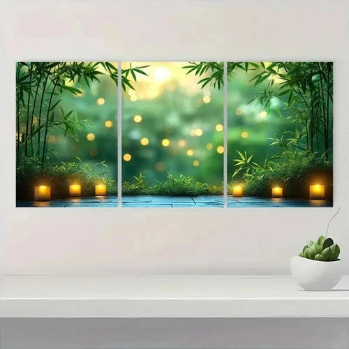 3pcs Serene Green Bamboo & Lanterns DI Wall Art Set Canvas Framed 40x60cm - High Quality Print 100% Australian Made Wall Canvas Ready to Hang
