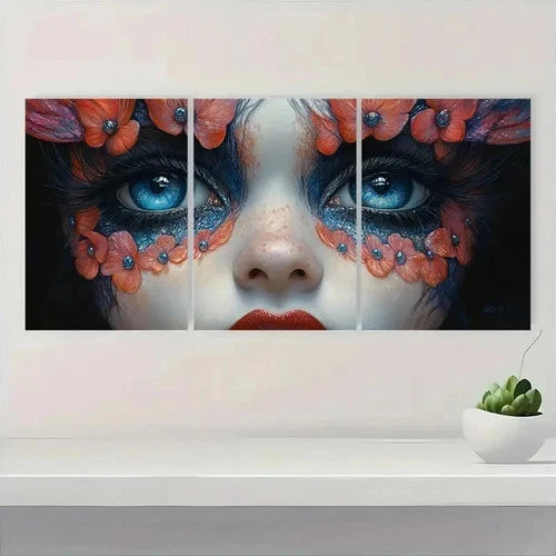 3pcs Vibrant Blue Eyes & Floral Design J Wall Art Set Canvas Framed 50x70cm - High Quality Print 100% Australian Made Wall Canvas Ready to Hang