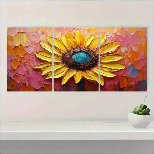 3pcs Sunflower Original Yellow floral Pink A Wall Art Set Canvas Framed 50x70cm - High Quality Print 100% Australian Made Wall Canvas Ready to Hang