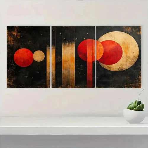 3pcs Geometric Circles & Lines Red FI Wall Art Set Canvas Framed 50x70cm - High Quality Print 100% Australian Made Wall Canvas Ready to Hang
