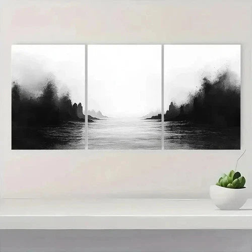 3pcs Black Ink Wash Minimalist Art DF Wall Art Set Canvas Framed 50x70cm - High Quality Print 100% Australian Made Wall Canvas Ready to Hang