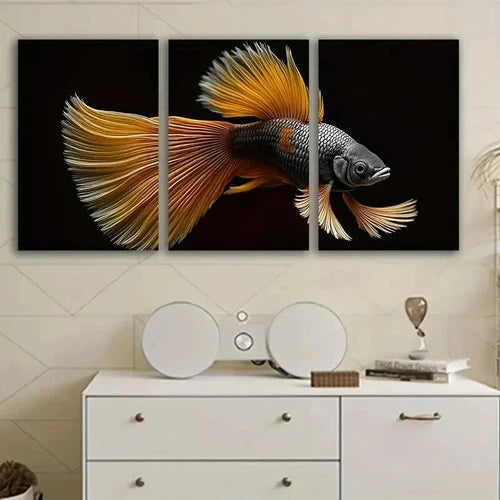3pcs Golden Siamese Fighting Fish Wall Art Set Canvas Framed 60x90cm - High Quality Print 100% Australian Made Wall Canvas Ready to Hang
