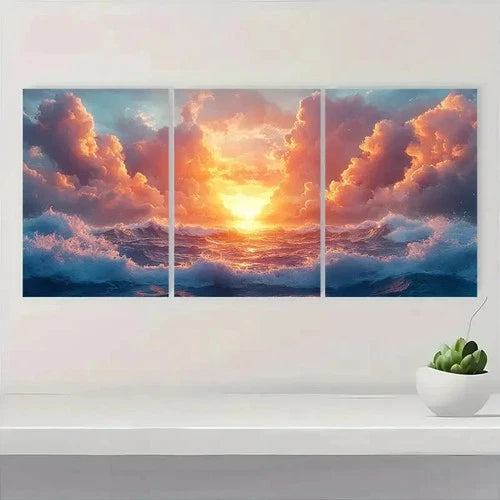 3pcs Blue Ocean Waves & Vibrant Sky S Wall Art Set Canvas Framed 50x70cm - High Quality Print 100% Australian Made Wall Canvas Ready to Hang