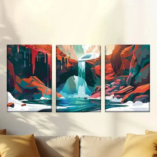 3pcs Abstract Waterfall Scene with Red Rocks Wall Art Set Canvas Framed 60x90cm - High Quality Print 100% Australian Made Wall Canvas Ready to Hang