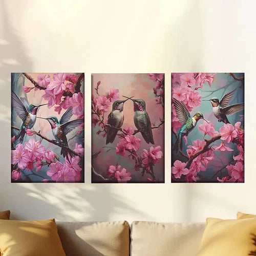 3pcs Hummingbirds and Pink Flowers Wall Art Set Canvas Framed 60x90cm - High Quality Print 100% Australian Made Wall Canvas Ready to Hang