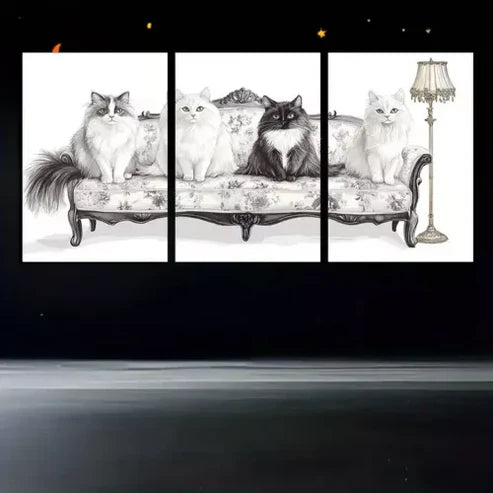 3pcs Black & White Cats In Sofa Canvas Framed 60x90cm - High Quality Print 100% Australian Made Wall Canvas Ready to Hang
