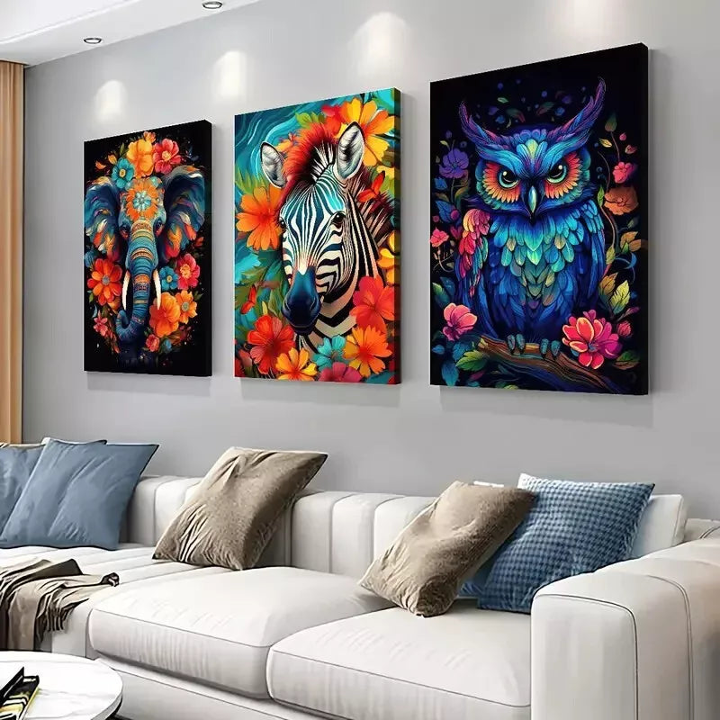 3pcs Vibrant Animal with Floral Accents Wall Art Set Canvas Framed 50x70cm - High Quality Print 100% Australian Made Wall Canvas Ready to Hang - Bella Home Decor