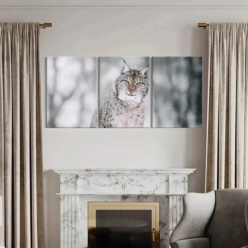 3pcs Snow Scene Feline Art Lynx Modern Wall Art Set Canvas Framed 60x90cm - High Quality Print 100% Australian Made Wall Canvas Ready to Hang