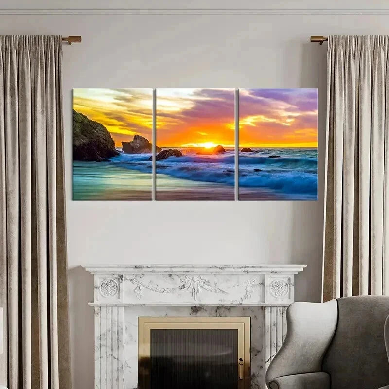3pcs Vibrant Colorful Sunset Seaside Beach Wall Art Set Canvas Framed 40x60cm - High Quality Print 100% Australian Made Wall Canvas Ready to Hang