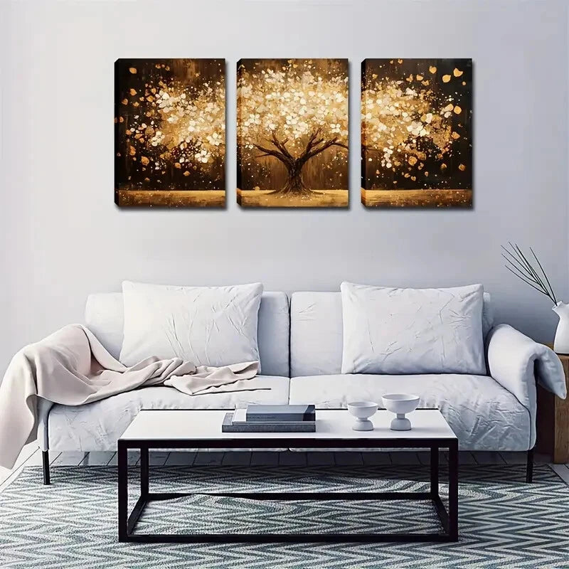 3pcs Elegant Tree With White And Golden Perfect Wall Art Set Canvas Framed 40x60cm - High Quality Print 100% Australian Made Wall Canvas Ready to Hang