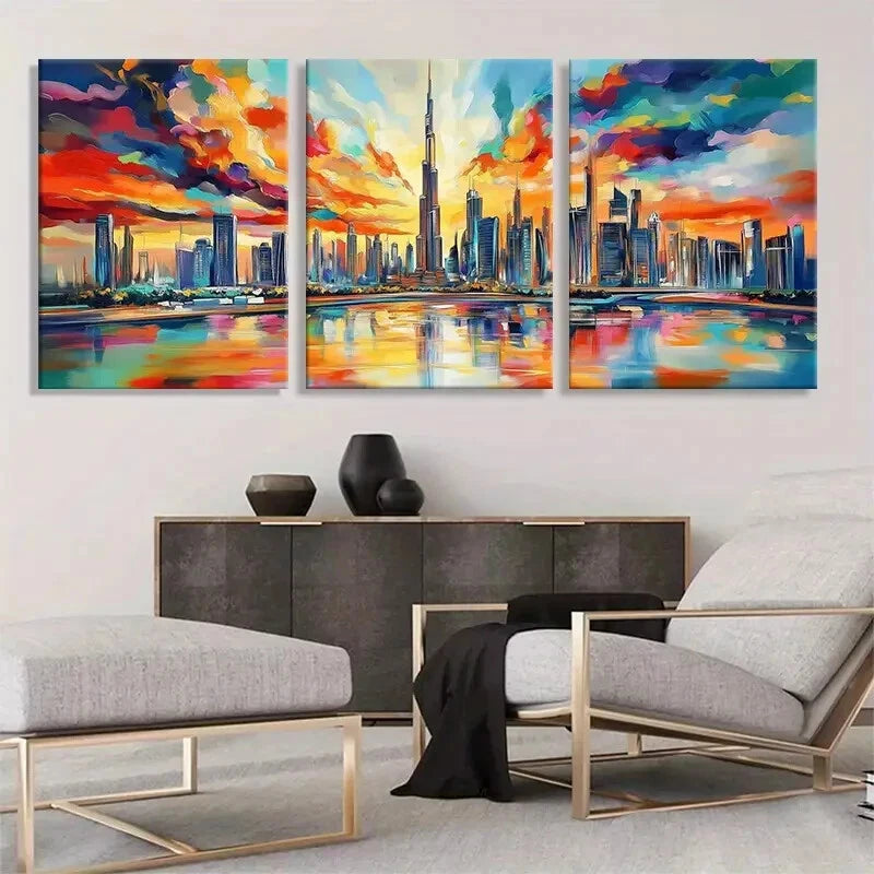 3pcs Vibrant Cityscape Colorful Skyline Perfect Wall Art Set Canvas Framed 40x60cm - High Quality Print 100% Australian Made Wall Canvas Ready to Hang