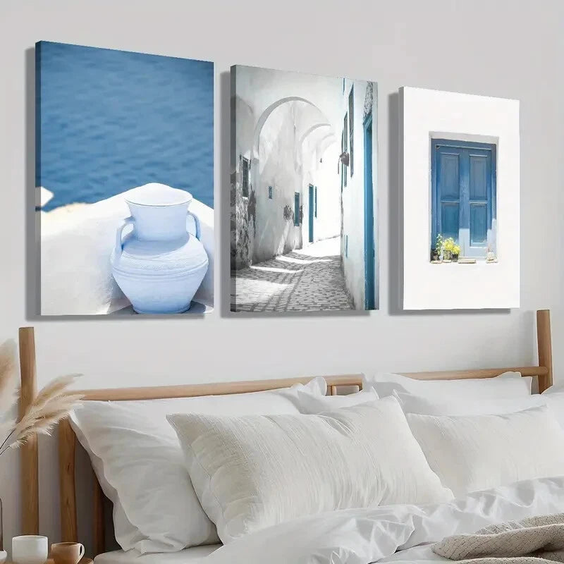 3pcs Santorini Island & Mykonos Lands Perfect Wall Art Set Canvas Framed 40x60cm - High Quality Print 100% Australian Made Wall Canvas Ready to Hang