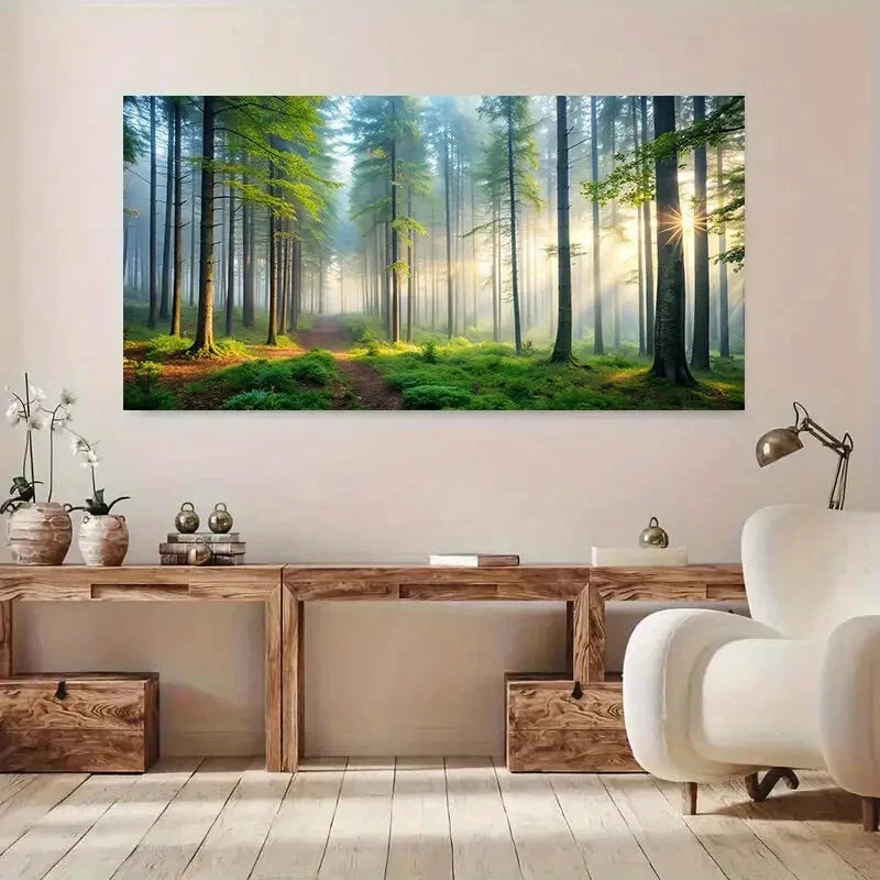 Misty Forest Nature Sunlit Wall Art wall canvas office home room framed 120x60cm