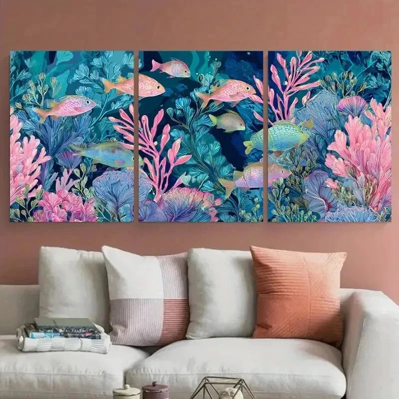 3pcs Vibrant Underwater Scene Fish Perfect Wall Art Set Canvas Framed 60x90cm - High Quality Print 100% Australian Made Wall Canvas Ready to Hang