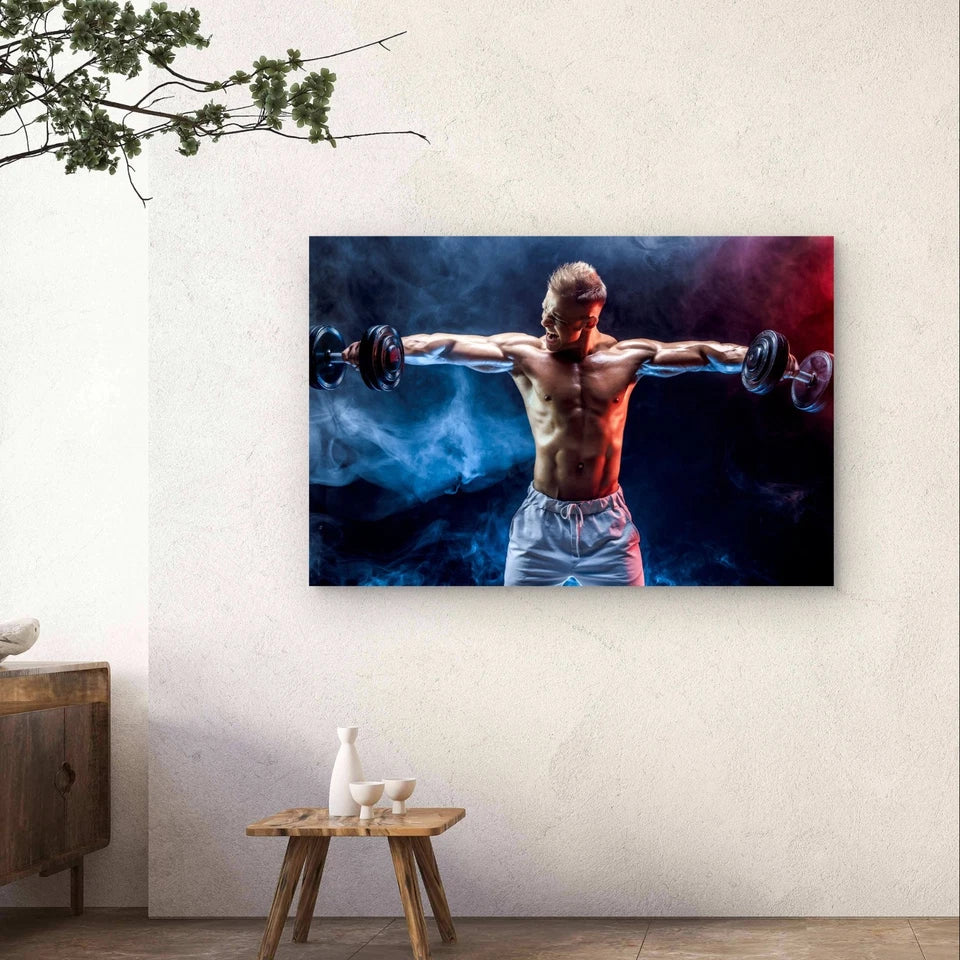 Athlete Lifting Dumbbells with Smoke 5mm Plastic Poster Ready to Hang 90x60cm