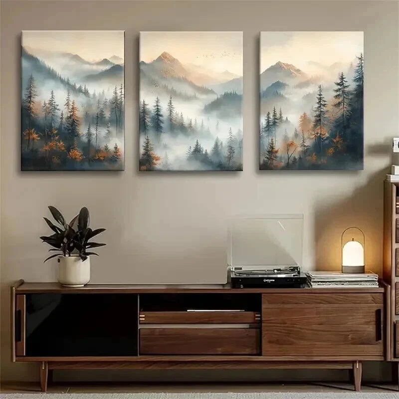 3pcs Misty Mountain Forest Tranquil Perfect Wall Art Set Canvas Framed 40x60cm - High Quality Print 100% Australian Made Wall Canvas Ready to Hang