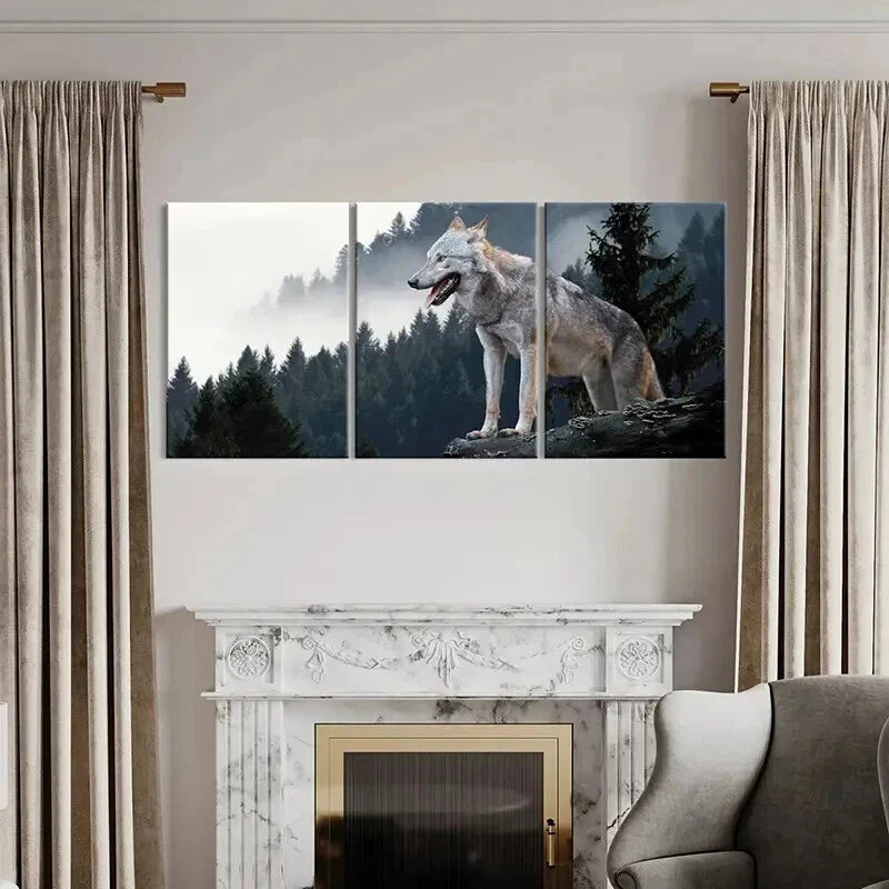 3pcs Wolf on a Rock Top in a Forest Wall Art Set Canvas Framed 40x60cm - High Quality Print 100% Australian Made Wall Canvas Ready to Hang