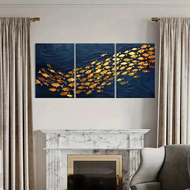 3pcs Abstract Golden Fish & Ocean Waves Wall Art Set Canvas Framed 40x60cm - High Quality Print 100% Australian Made Wall Canvas Ready to Hang